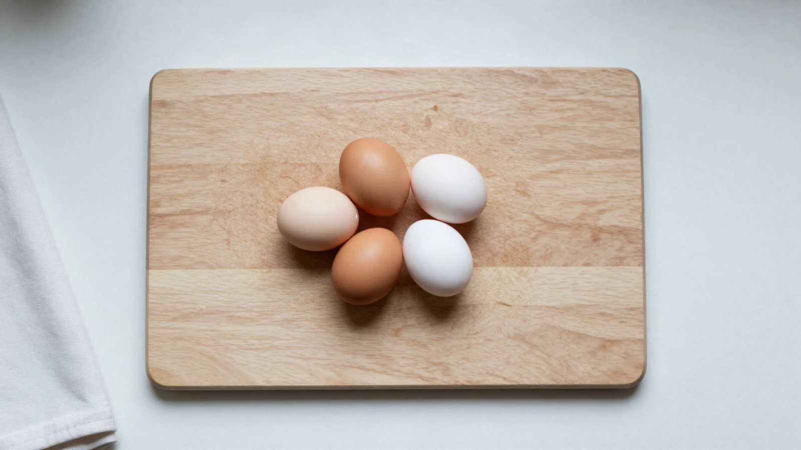 Five brown and white eggs on a wooden cutting board.