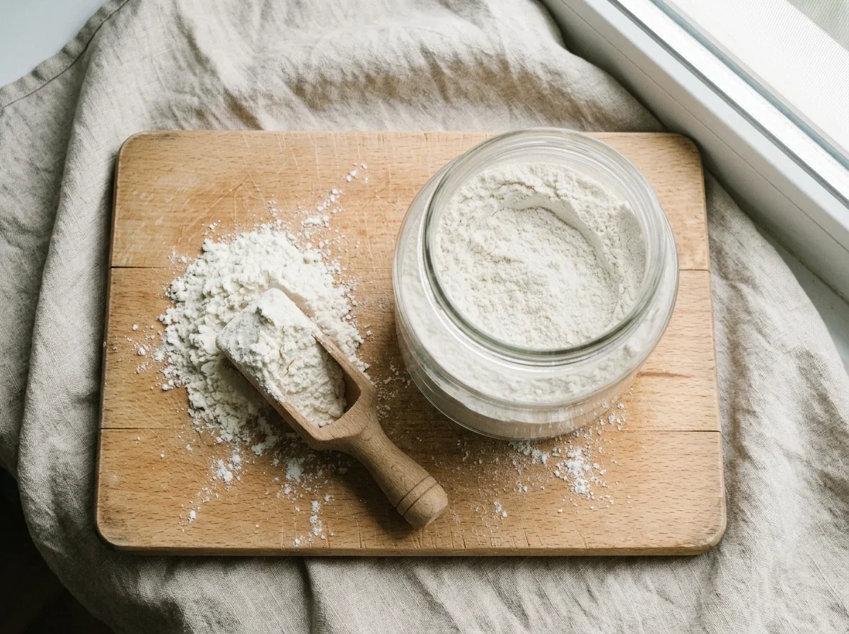 A jar of flour and a wooden scoop of flour on a beech board.