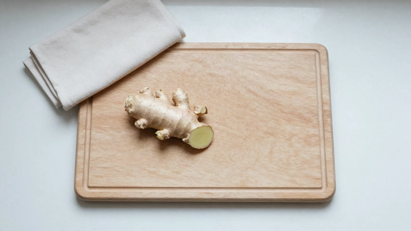 A fresh ginger root on a wooden cutting board.