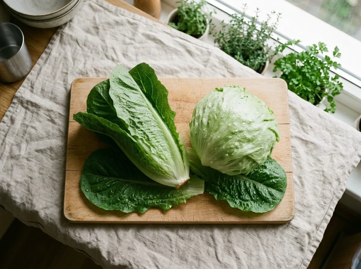 A whole head of romaine beside a whole head of iceberg lettuce on a beech board.