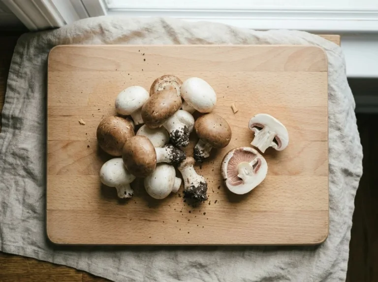 White button and brown cremini mushrooms on a beech cutting board, two cut in half to show the gills.