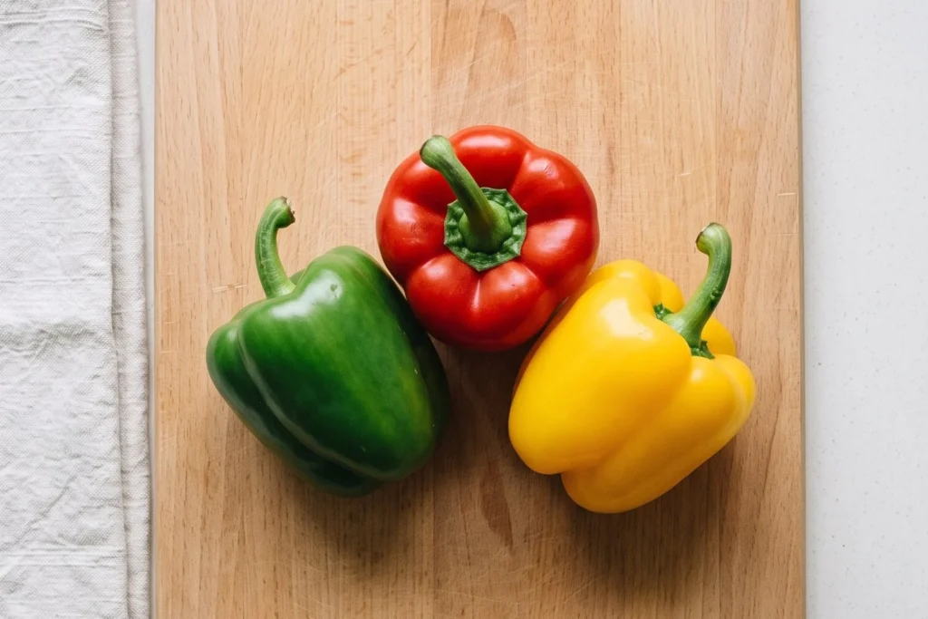 Three whole bell peppers, one green, one red and one yellow, on a wooden cutting board.