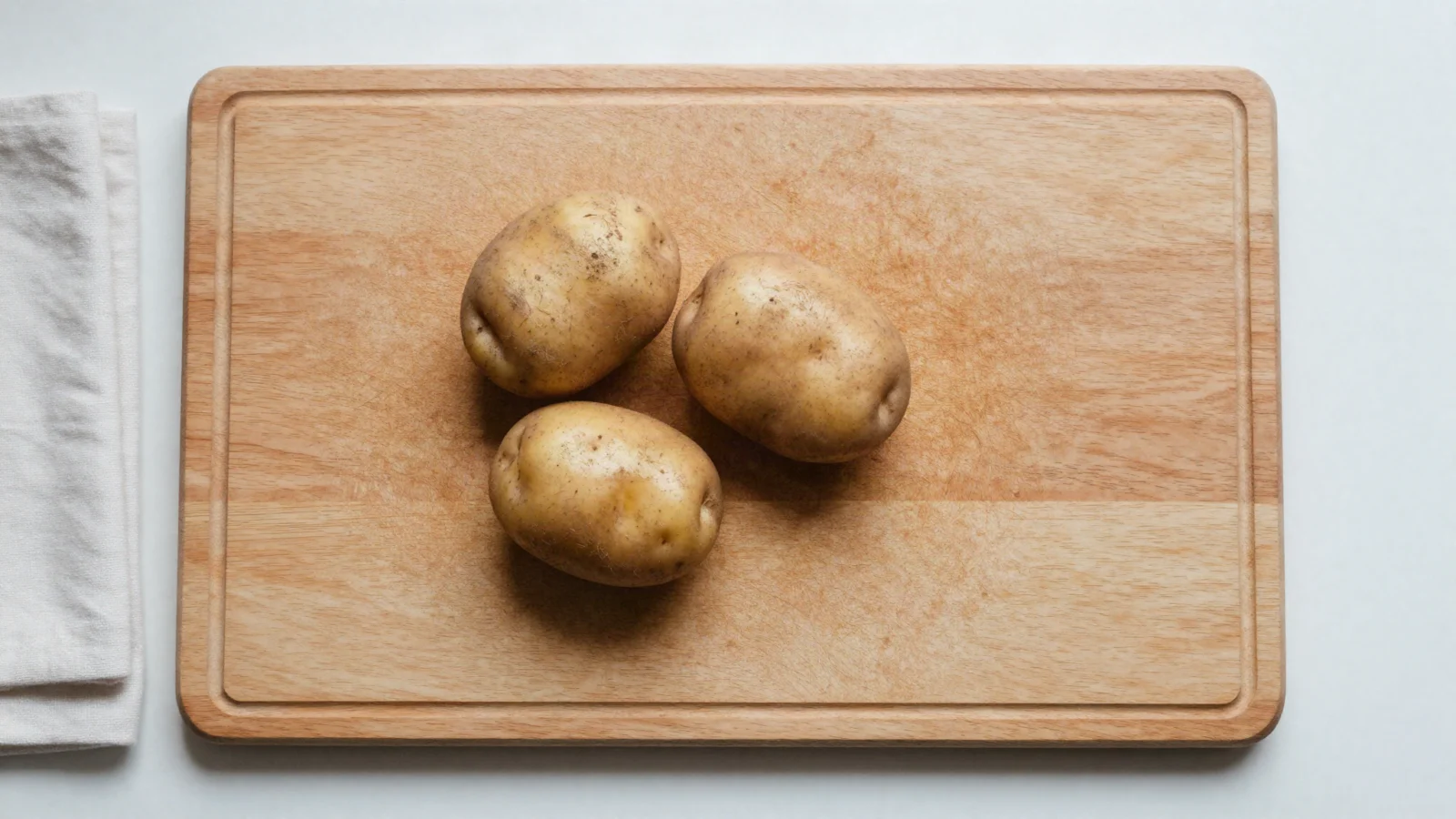Three potatoes on a wooden cutting board.