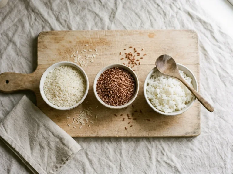 Bowls of raw white rice, raw whole-grain rice and freshly cooked rice on a beech board.