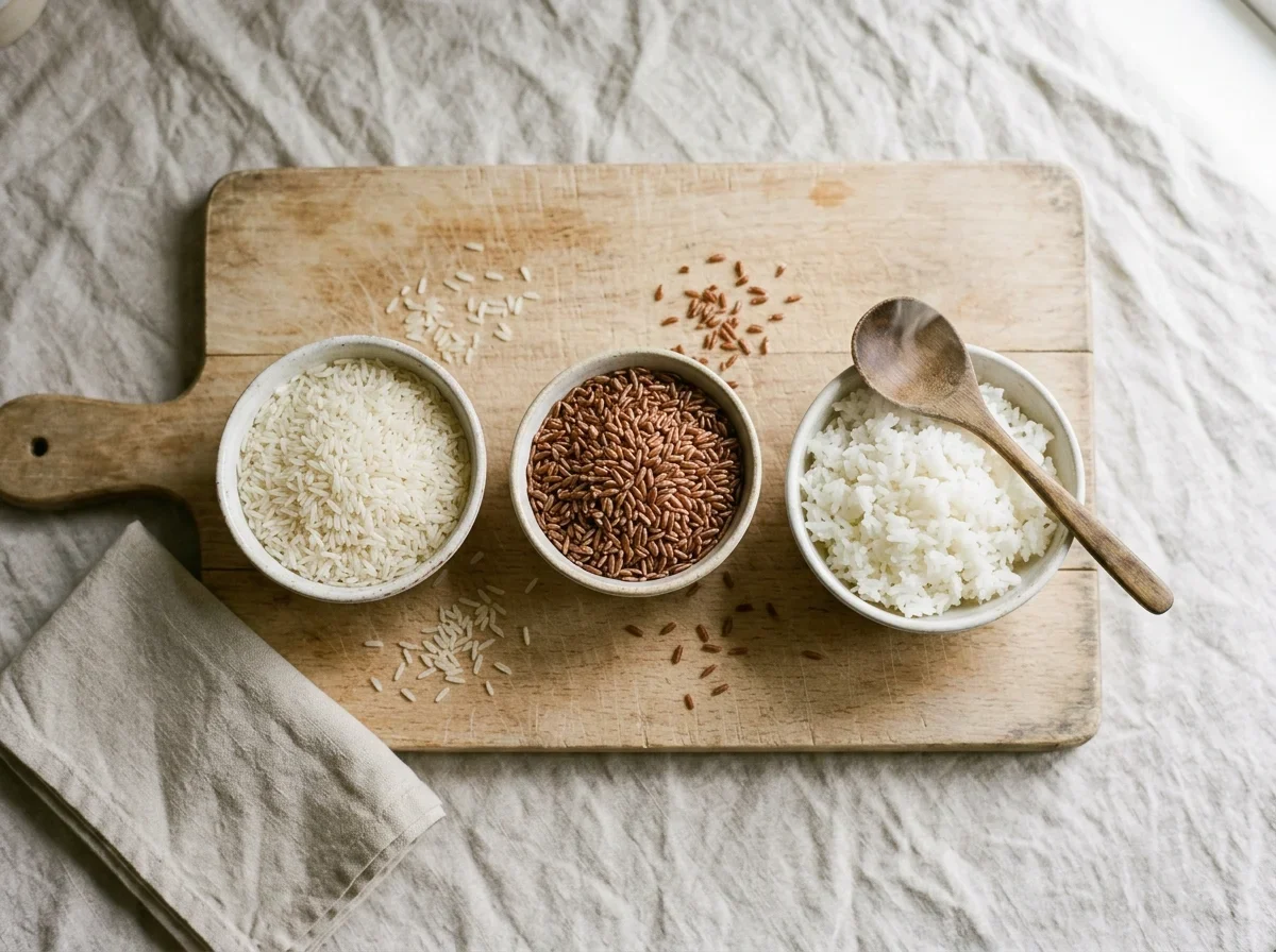 Bowls of raw white rice, raw whole-grain rice and freshly cooked rice on a beech board.