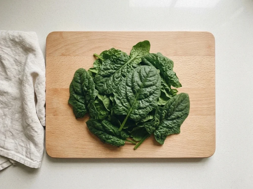 A loose pile of fresh, dark green spinach leaves on a wooden cutting board.