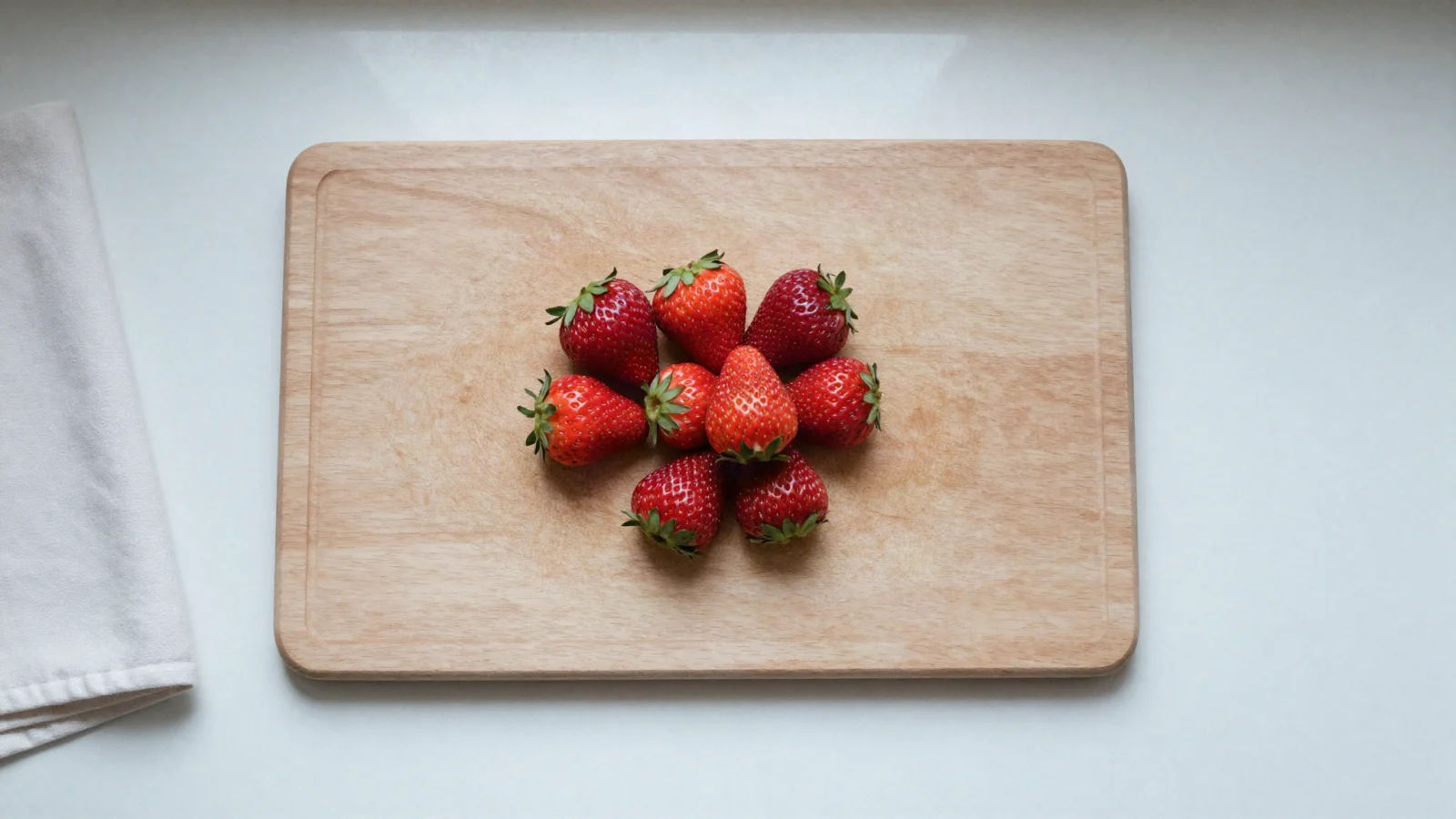 Fresh strawberries on a wooden cutting board.