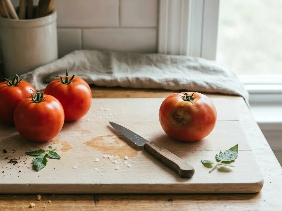 Ripe red tomatoes on a wooden cutting board with a paring knife, a pinch of salt and a few basil leaves.