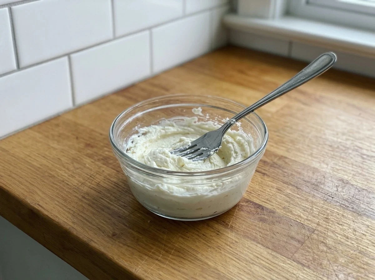 A glass bowl of thawed cream cheese beaten with a fork, creamy but still slightly lumpy.