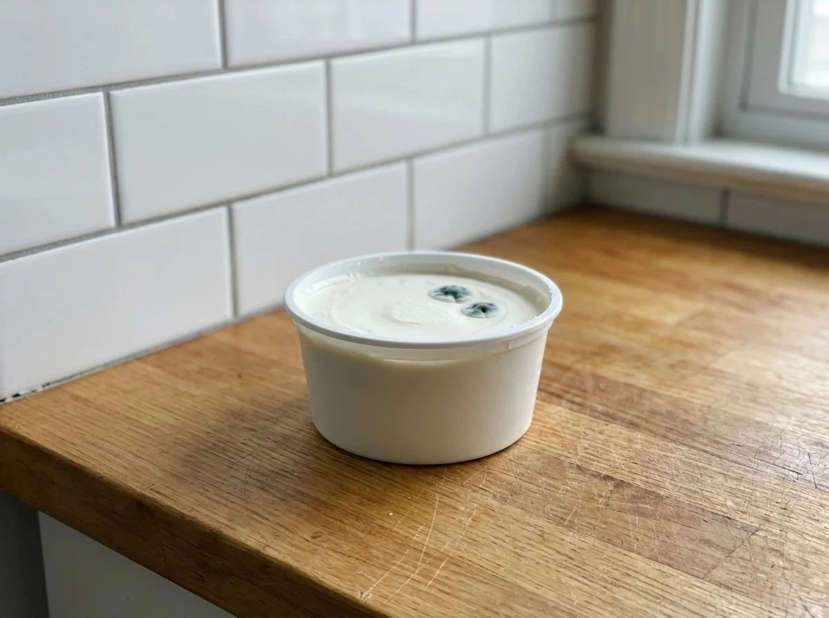 An open tub of cream cheese with two blue-green mold spots on the surface.