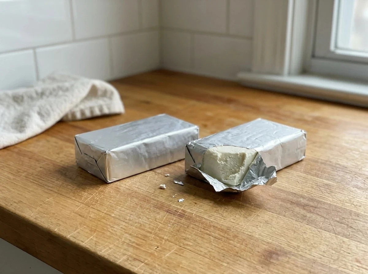 Two blocks of cream cheese in foil on a kitchen counter, one sealed and one with a torn corner showing the cheese.