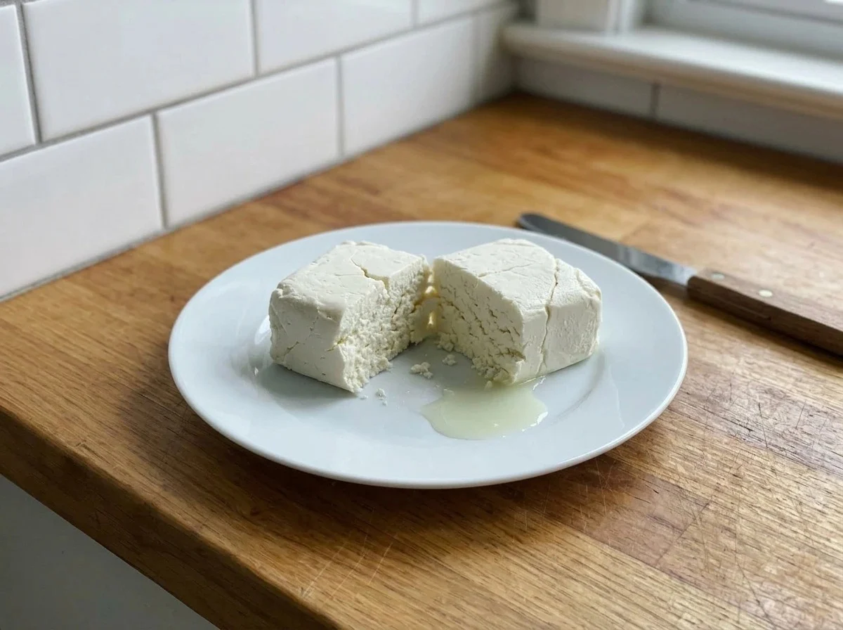 A thawed block of cream cheese cut open on a plate, crumbly and cracked, with watery liquid pooled beside it.