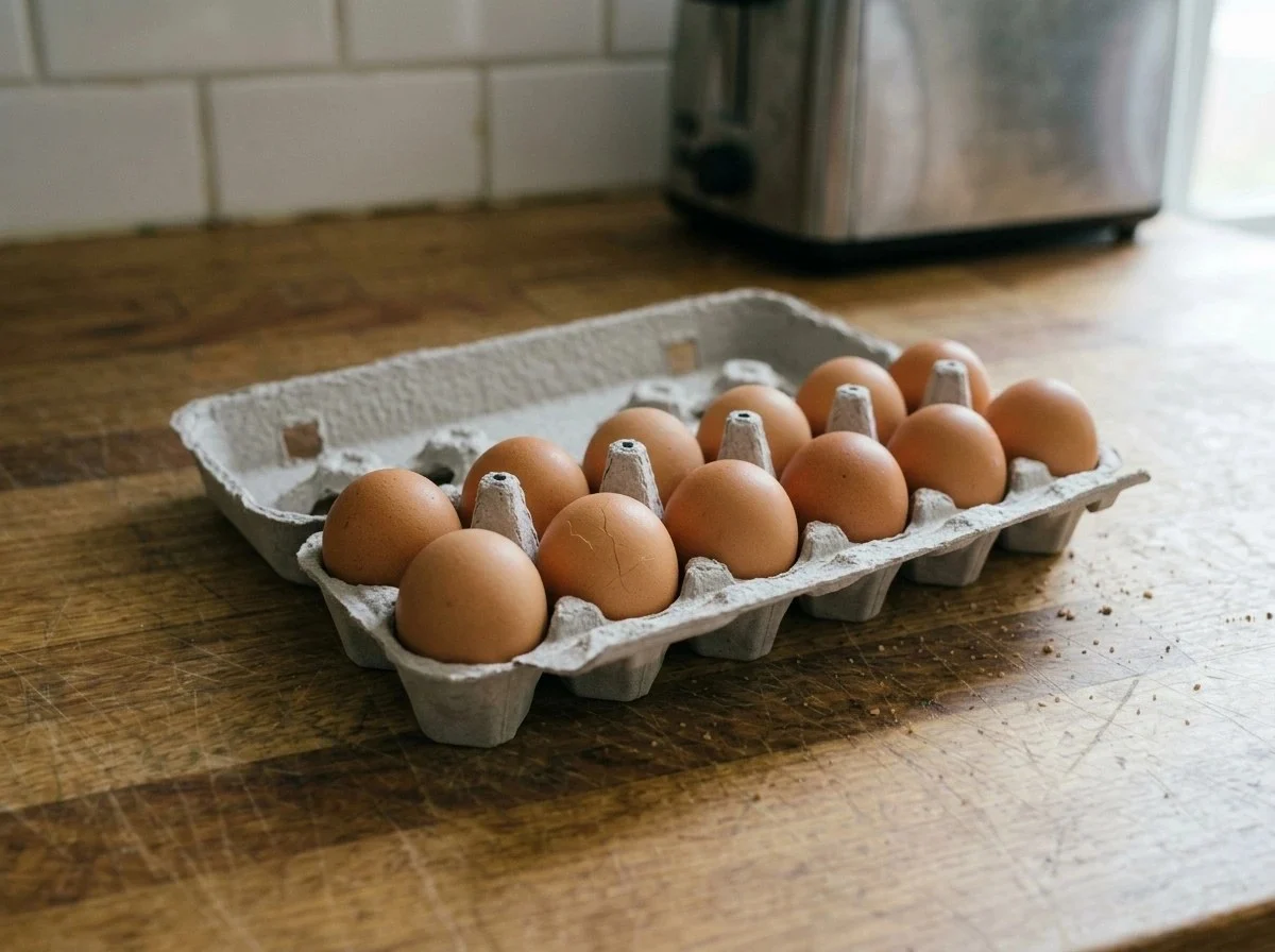 How to choose eggs: an open carton of brown eggs on a counter, with a fine crack in one egg at the front.