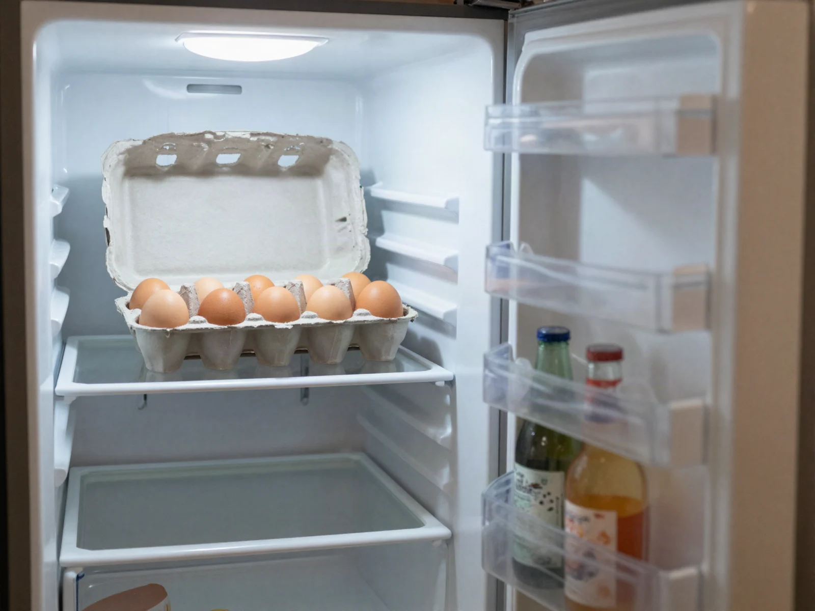 How to store eggs: a carton of eggs on an inside refrigerator shelf, with the door holding only bottles