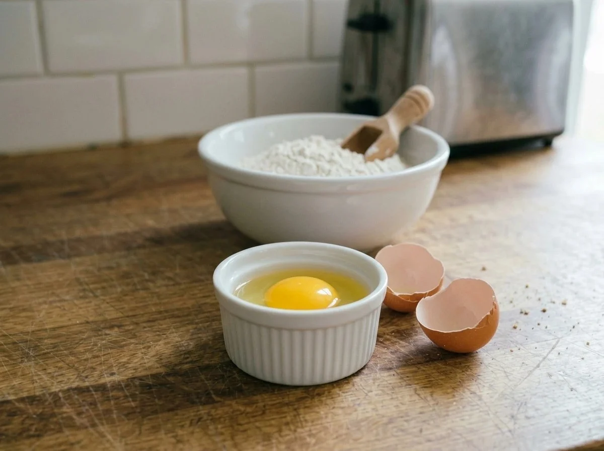 Checking old eggs: an egg cracked into a small white ramekin before it goes into a bowl of flour.