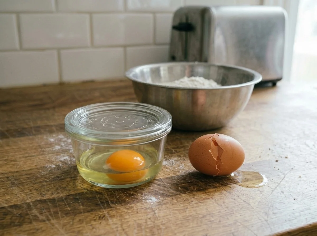 Cracked eggs: a raw egg emptied into a small glass container with a lid, next to a brown egg with a cracked shell.