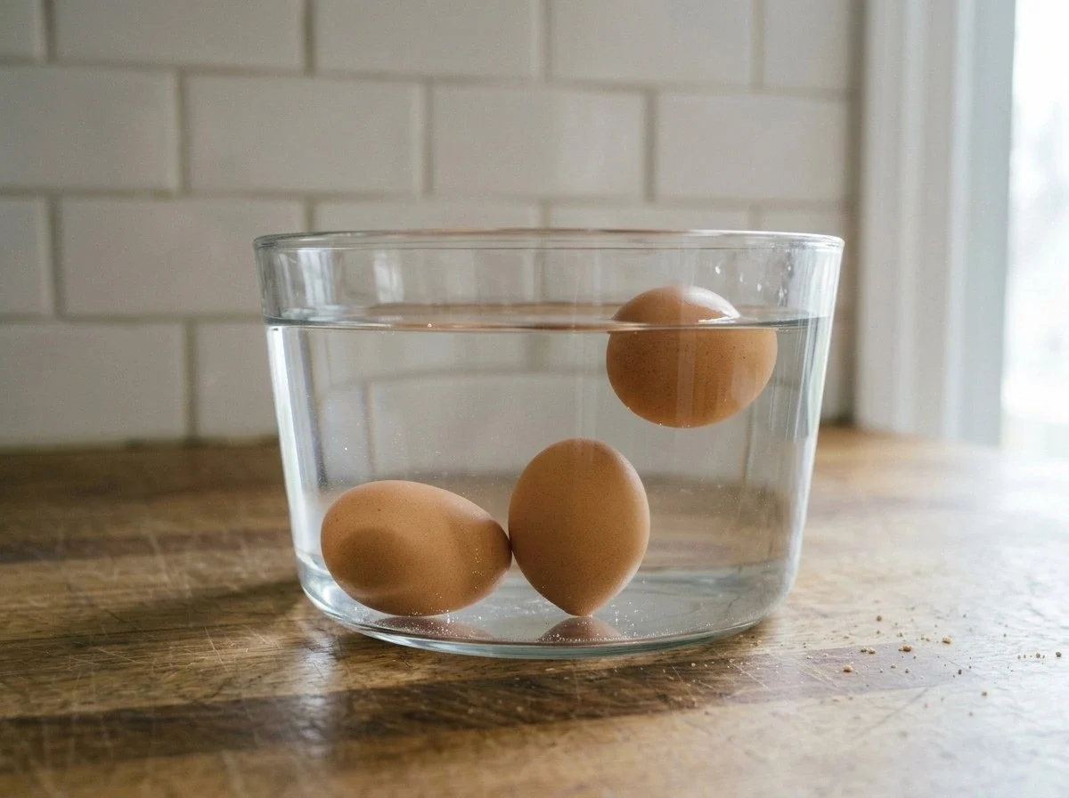 Three eggs in a glass bowl of water: one lying flat on the bottom, one tilted up, and one floating near the surface.