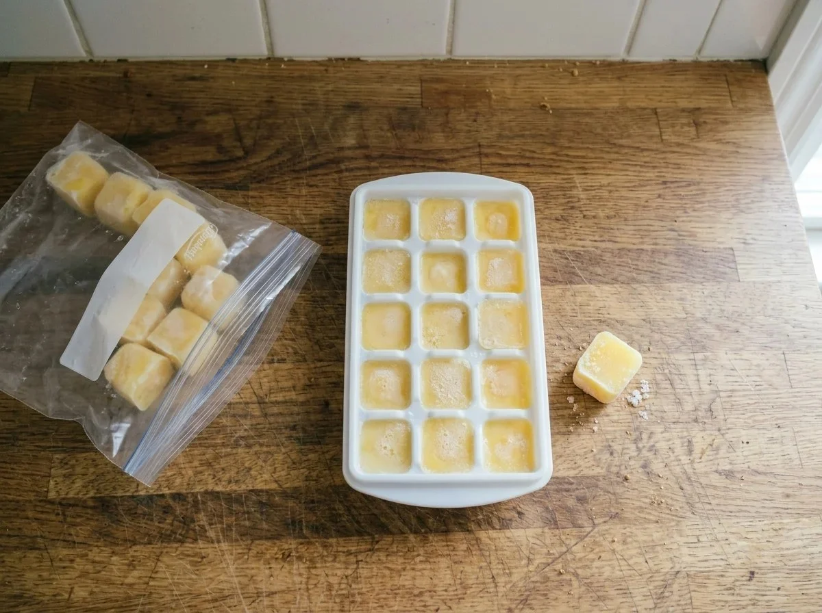 Beaten eggs frozen in an ice cube tray, with more egg cubes in a zip-top freezer bag.