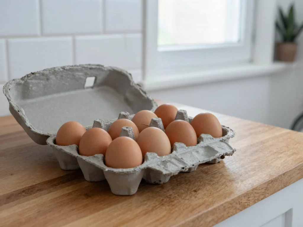 An open carton of clean, uncracked brown eggs on a kitchen counter.