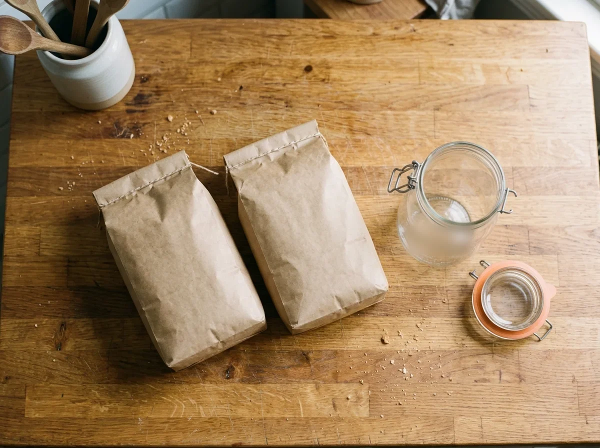 Two sealed plain paper bags of flour beside an empty airtight glass jar.