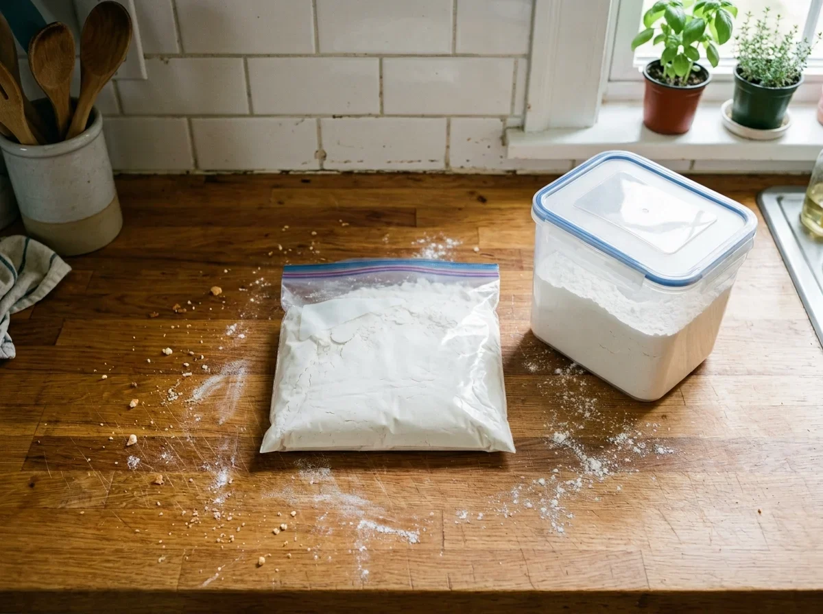A plain freezer bag of flour with the air pressed out beside a rigid lidded tub.