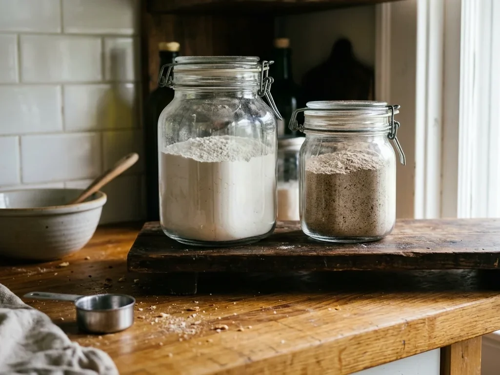 An airtight glass jar of flour on a cool, dark pantry shelf, the way to store flour well.
