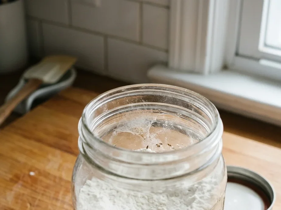 A small patch of fine webbing and a few dark specks in flour near the rim of a jar.