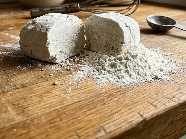 A hard clump of caked flour broken open beside loose flour on the counter.
