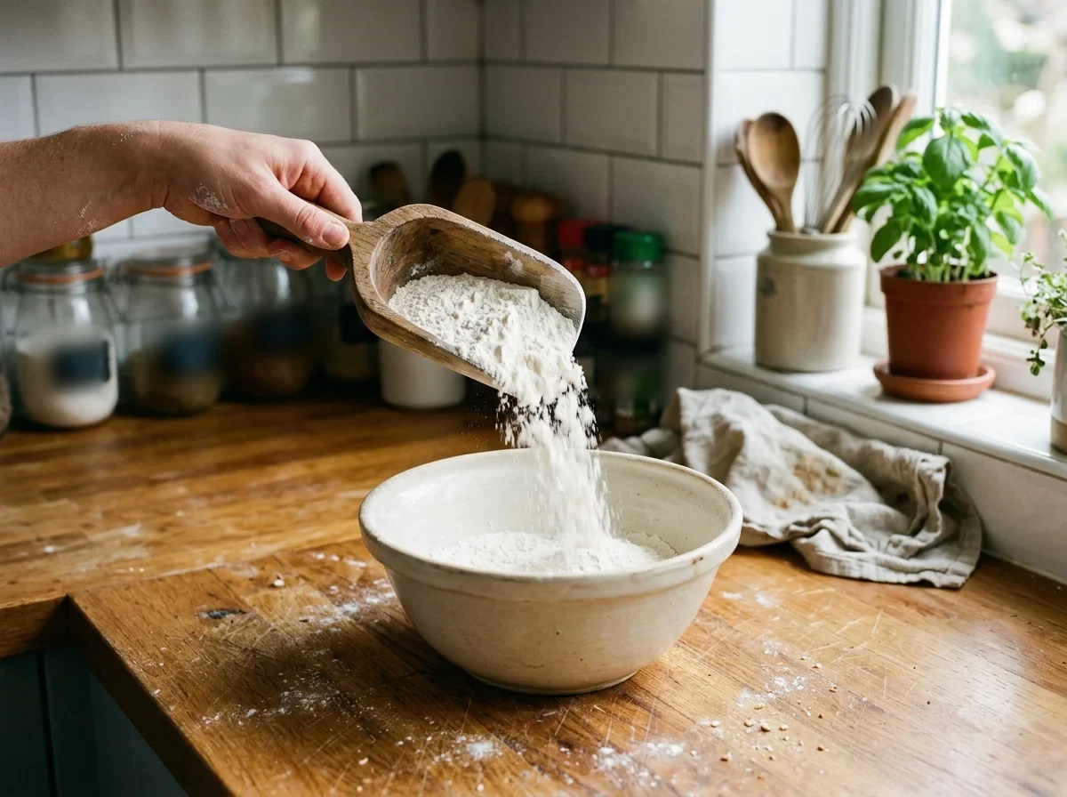 Loose, dry flour pouring freely from a scoop into a bowl.