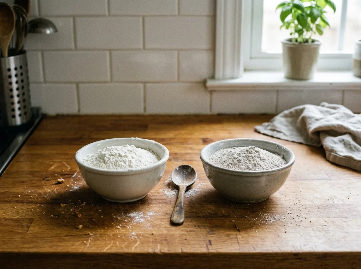 Two small bowls of flour side by side, one older and slightly greyer than the other.