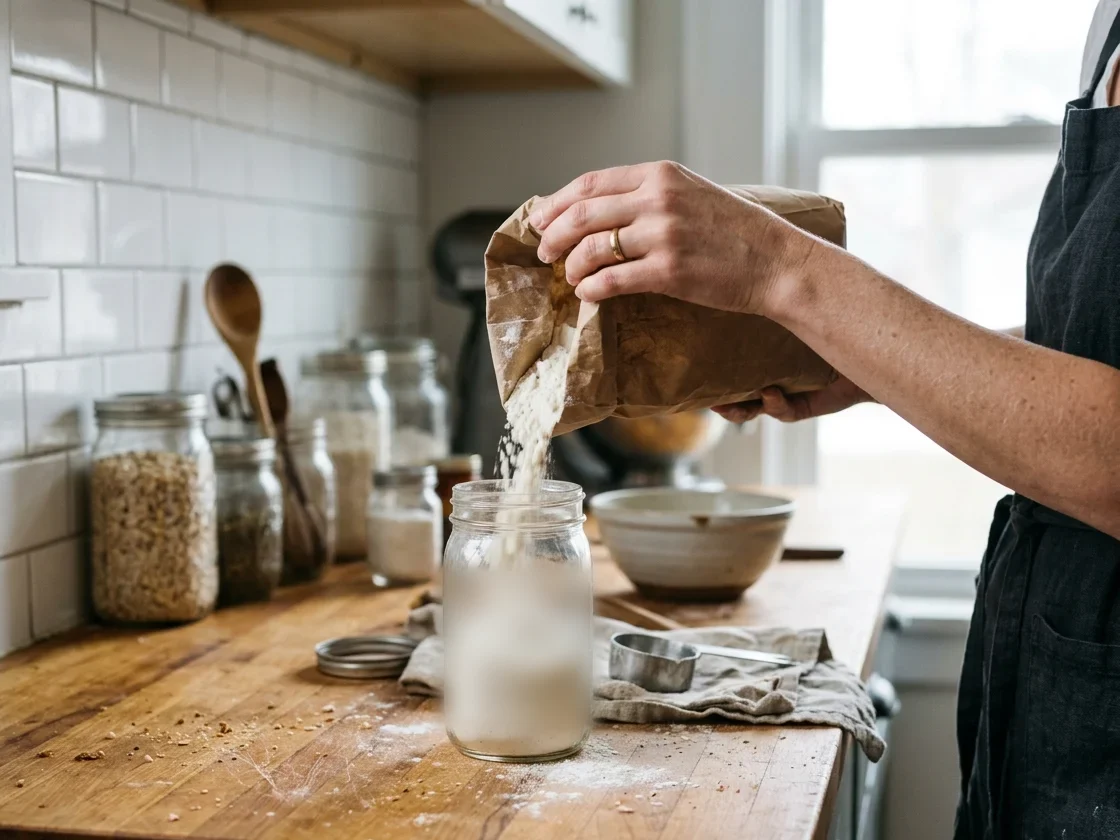 A hand tipping an older plain bag of flour over an open glass jar.