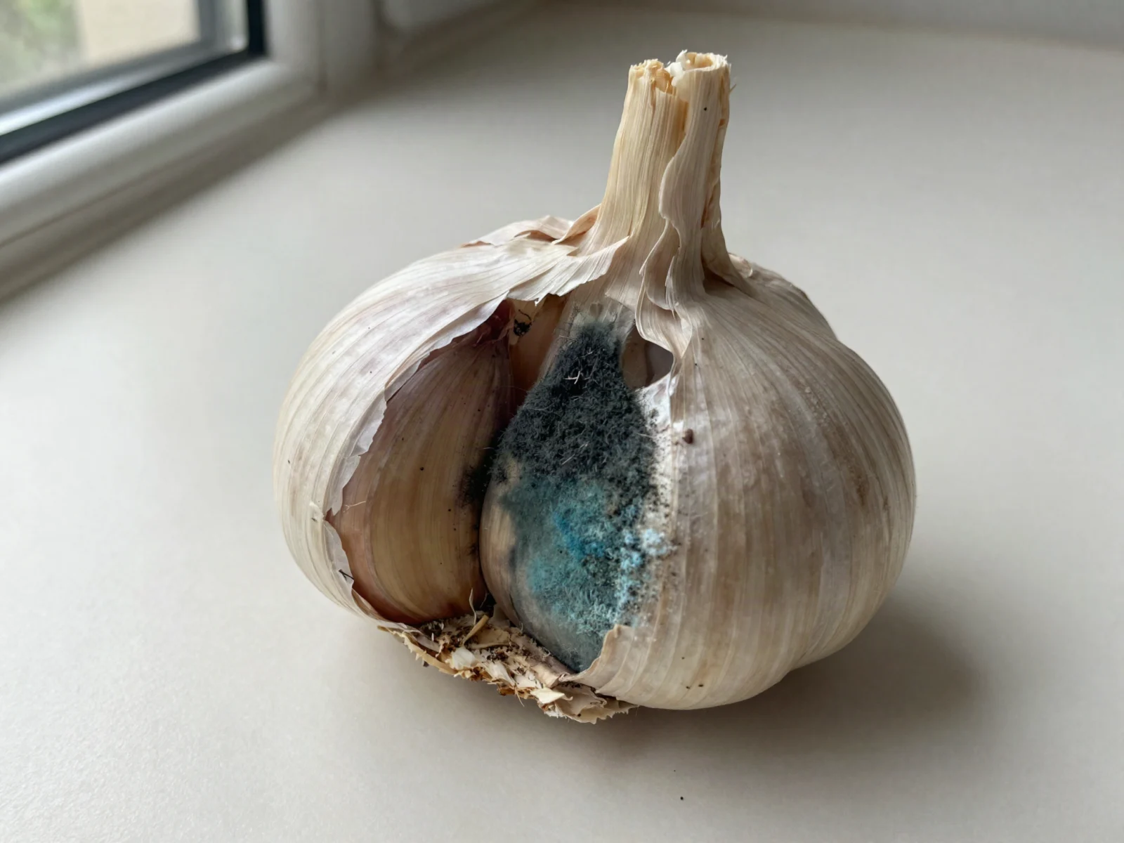A garlic bulb with black and blue-green mold on a clove under the skin.