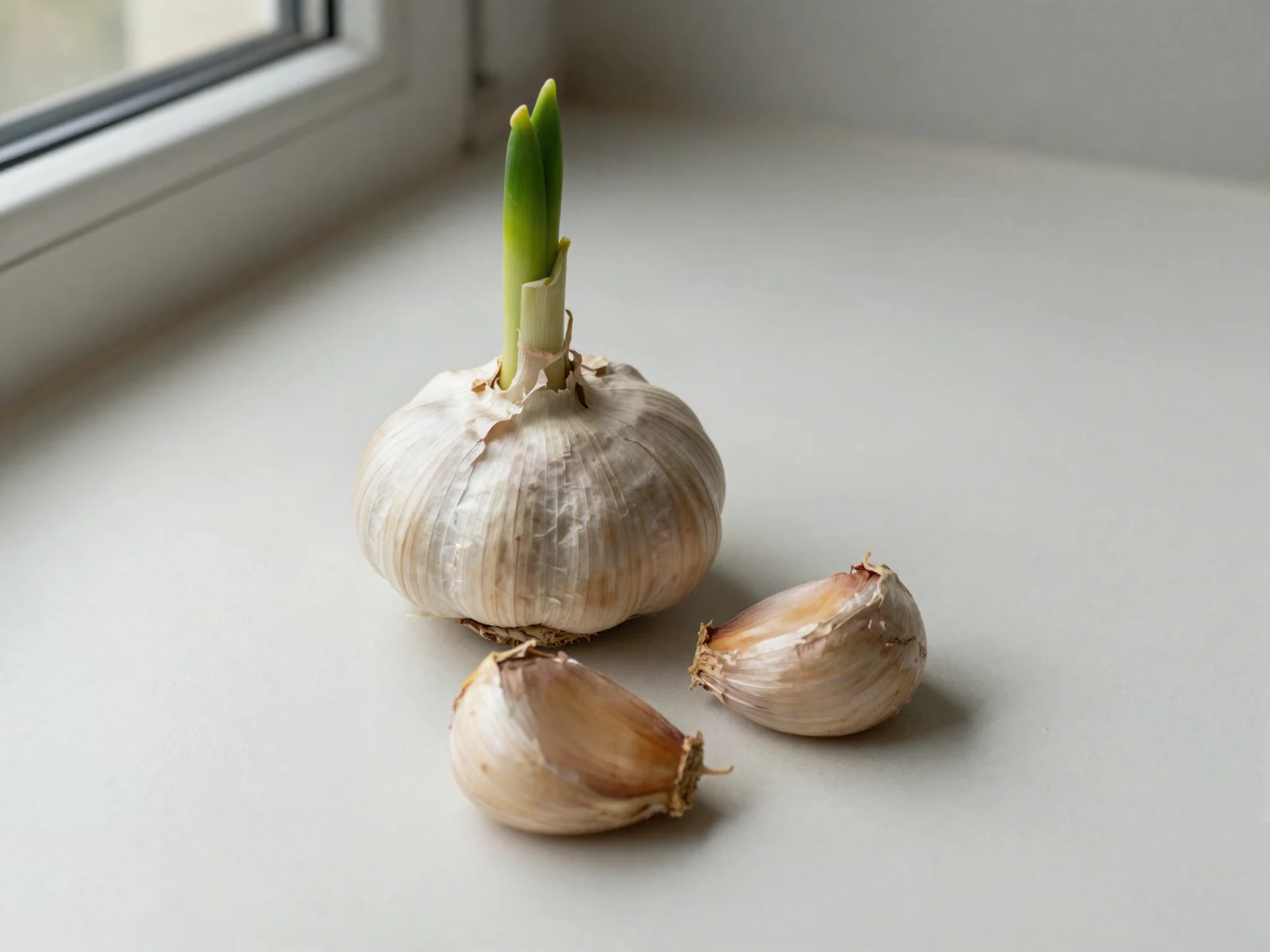 An old garlic bulb with green shoots growing from the top.