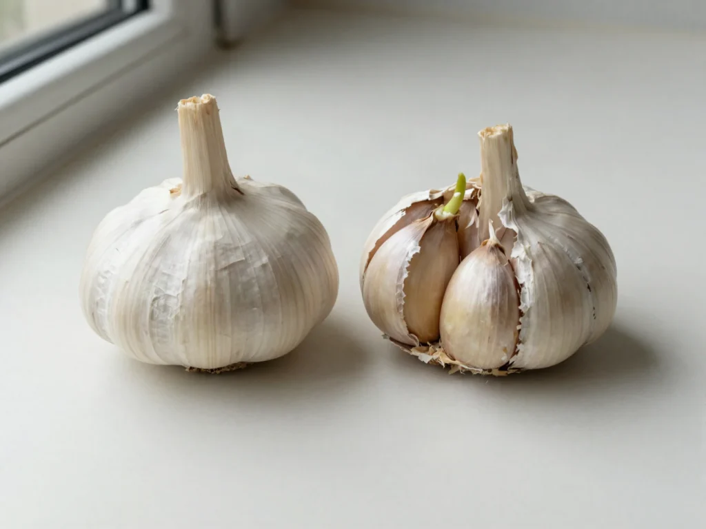 A firm, tightly closed garlic bulb next to an older bulb with torn skin, exposed cloves and a small green sprout.