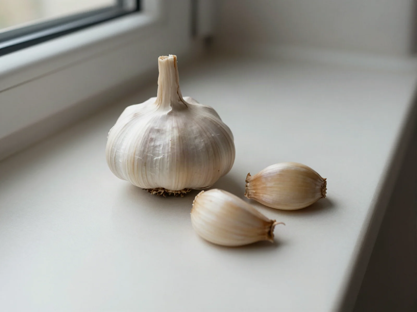 A fresh, firm garlic bulb with dry, closed papery skin and two unpeeled cloves.