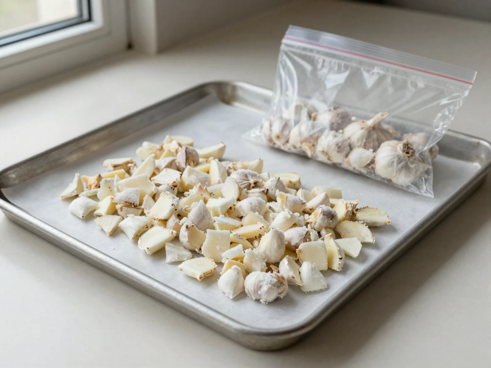 Frozen chopped garlic on parchment paper on a baking tray, with whole bulbs in a freezer bag.