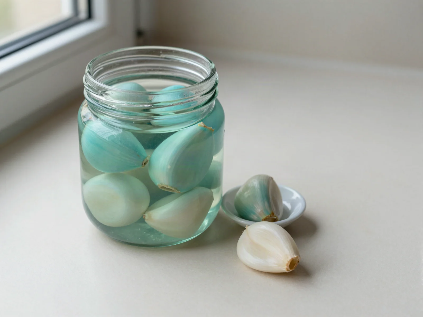 Pickled garlic cloves in a jar of vinegar, several turned blue-green.