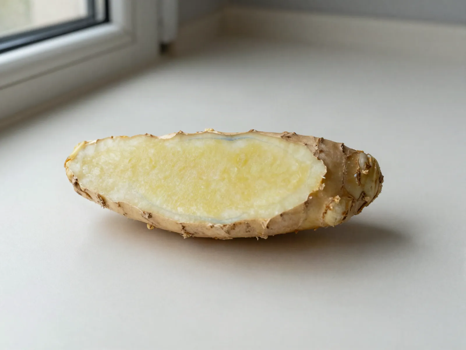 Ginger cut lengthwise, pale yellow flesh with a faint blue-gray ring just inside the skin