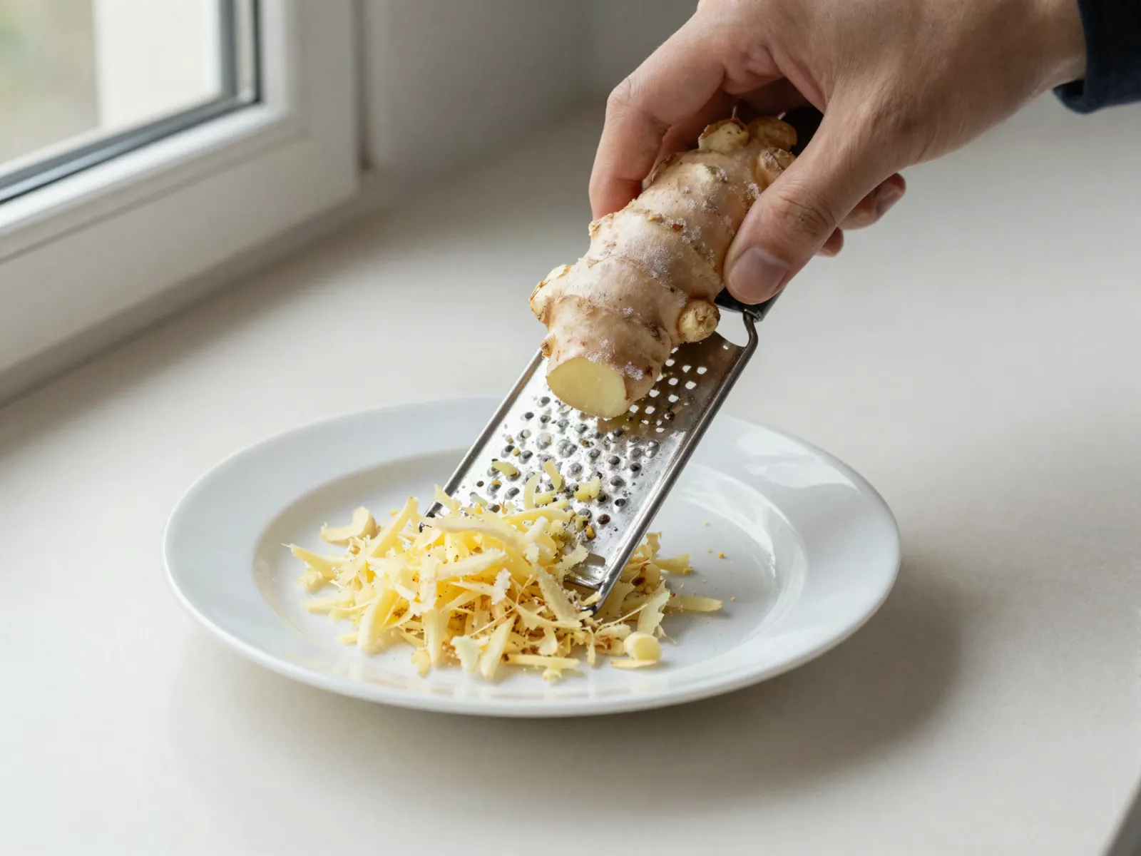 A frosted, frozen ginger root being grated over a white plate