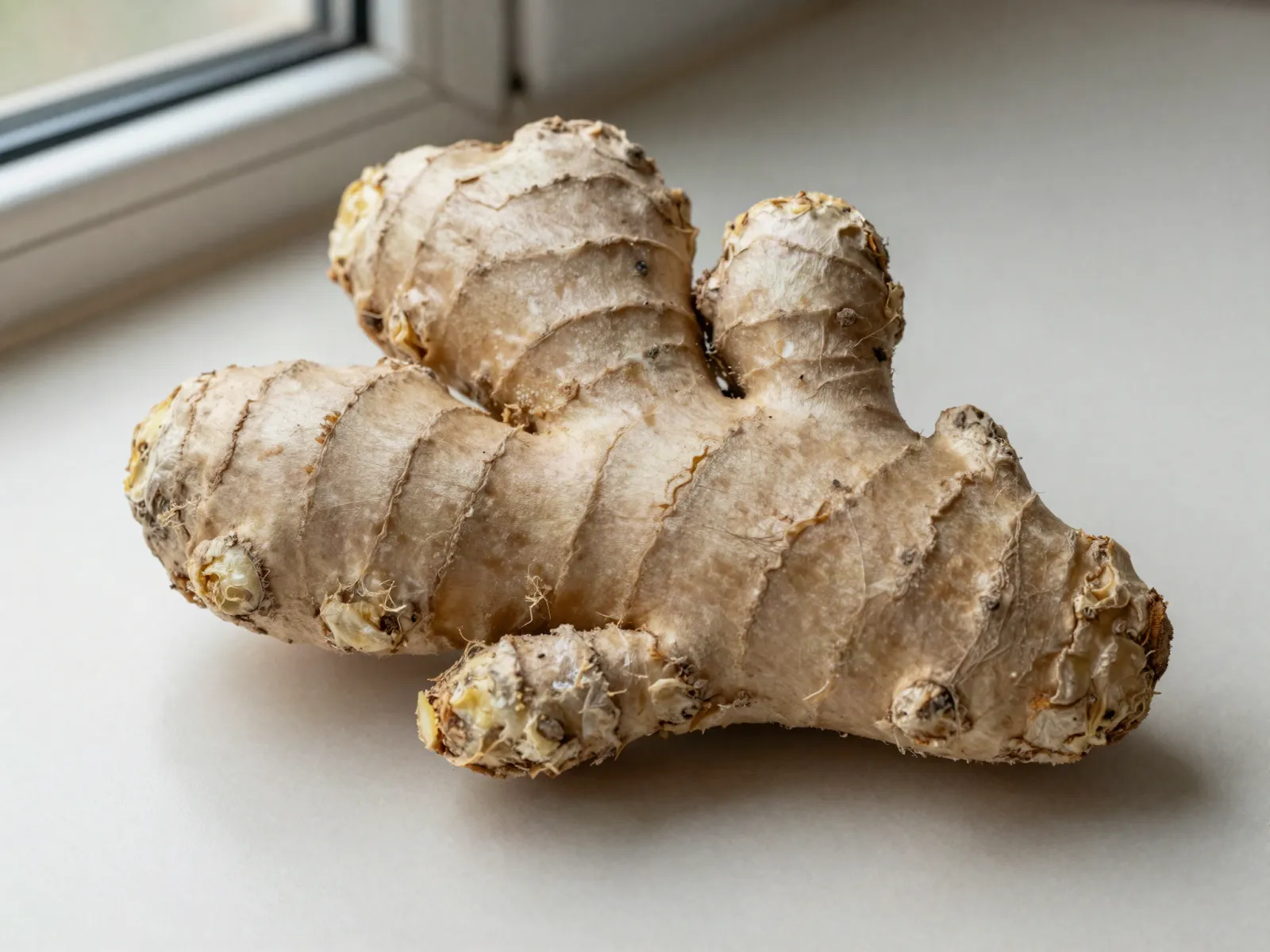 An older ginger root with dull, dry, lightly creased skin that is still solid
