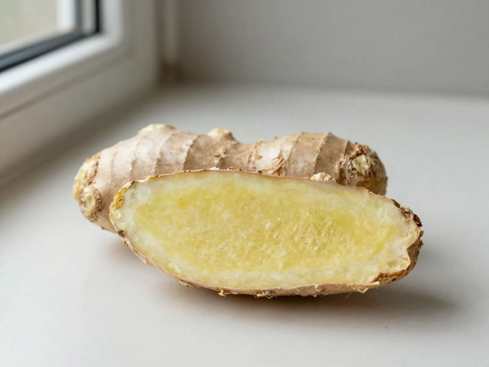 Fresh ginger root cut in half, showing firm, pale yellow flesh
