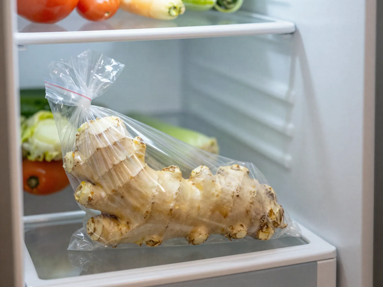How to store ginger: a whole, unpeeled ginger root in a clear plastic bag inside a refrigerator