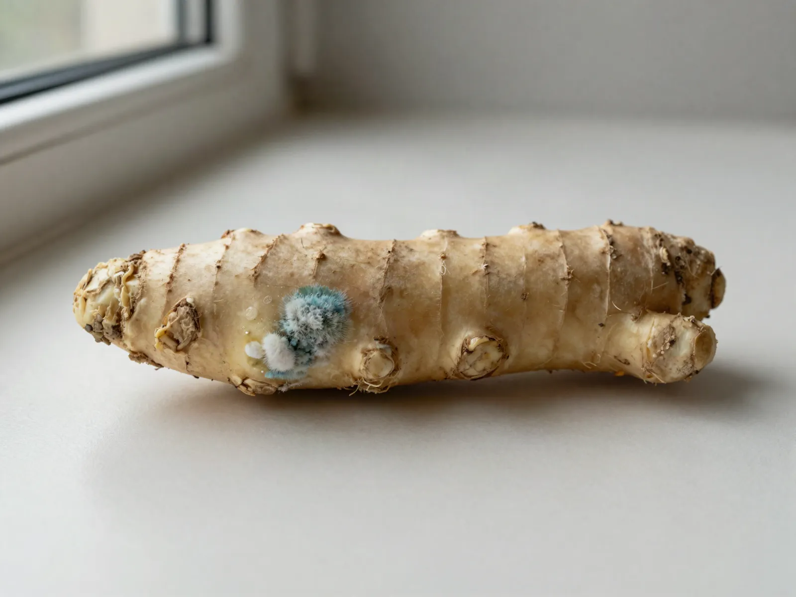 Ginger root with a small patch of fuzzy blue-green and white mold