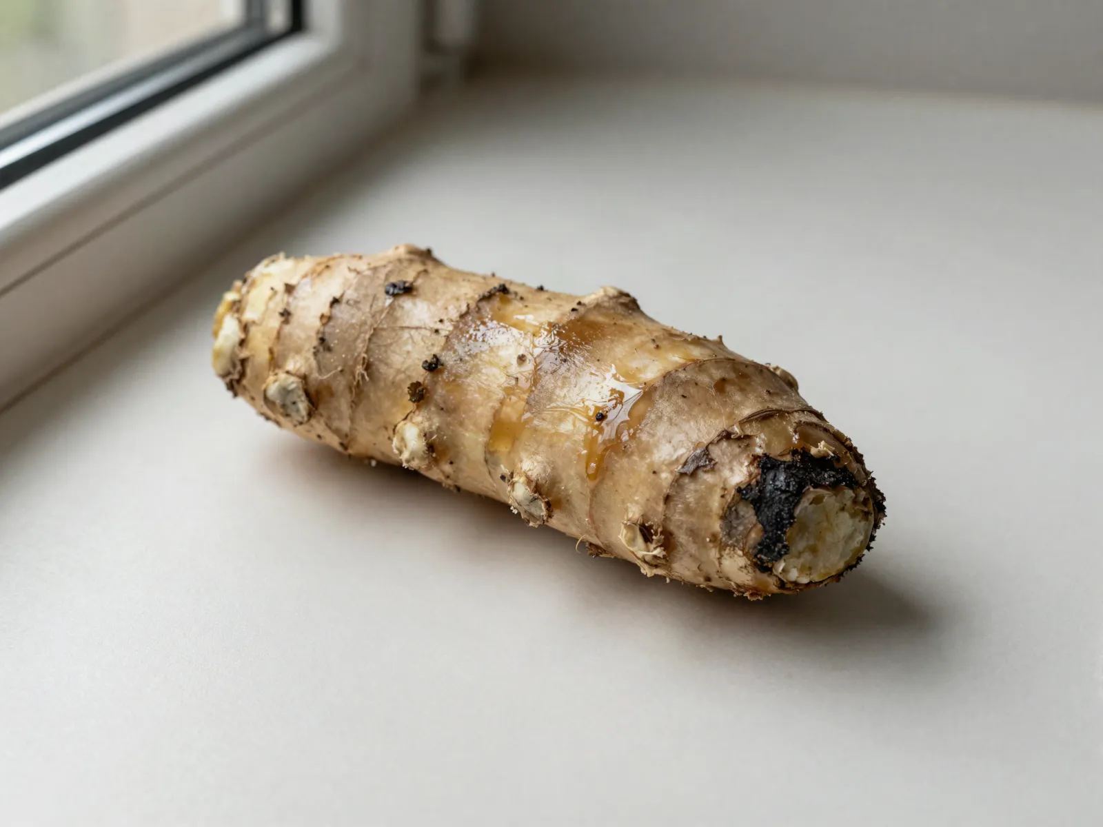 Spoiled ginger root with wet, slimy patches and a blackened end