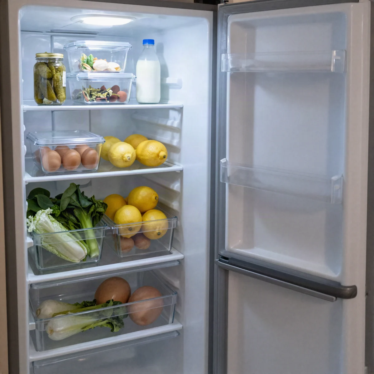 An open refrigerator with food stored in glass containers, a crisper of greens and a shelf of lemons.