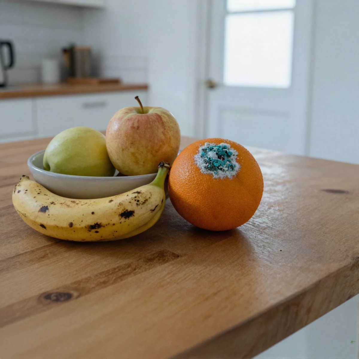 A spotted overripe banana beside an orange with blue-green mold on a kitchen counter.