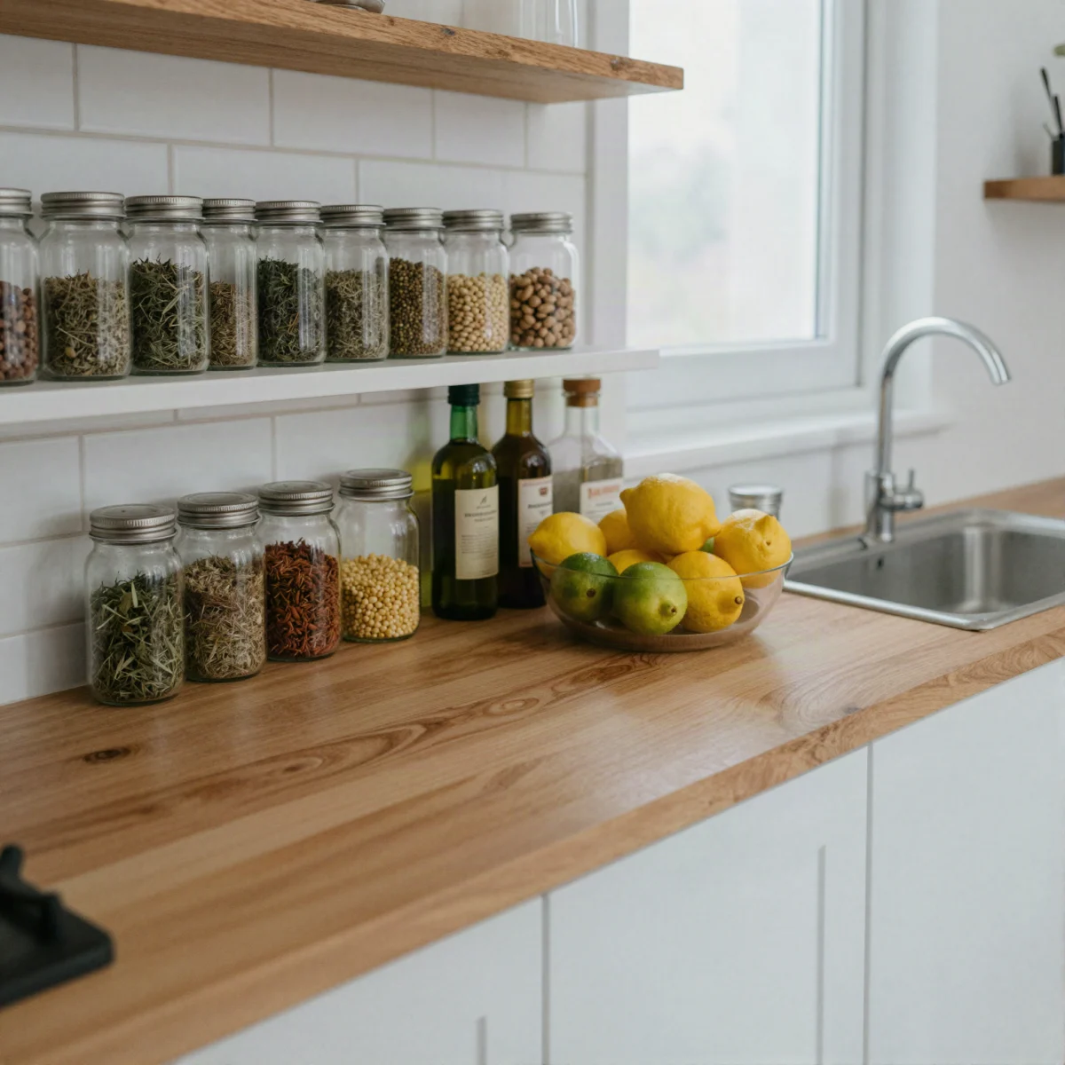 Jars of dried herbs and spices, bottles of oil and vinegar, and a bowl of lemons and limes in a kitchen.