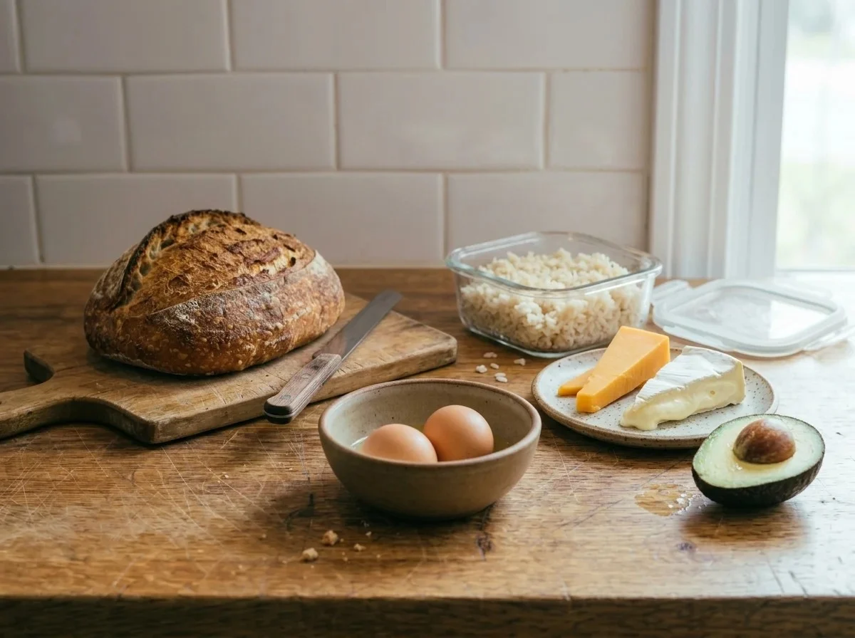Food left out overnight: a loaf of bread, cooked rice, cheddar and brie, two eggs and half an avocado on a kitchen counter.