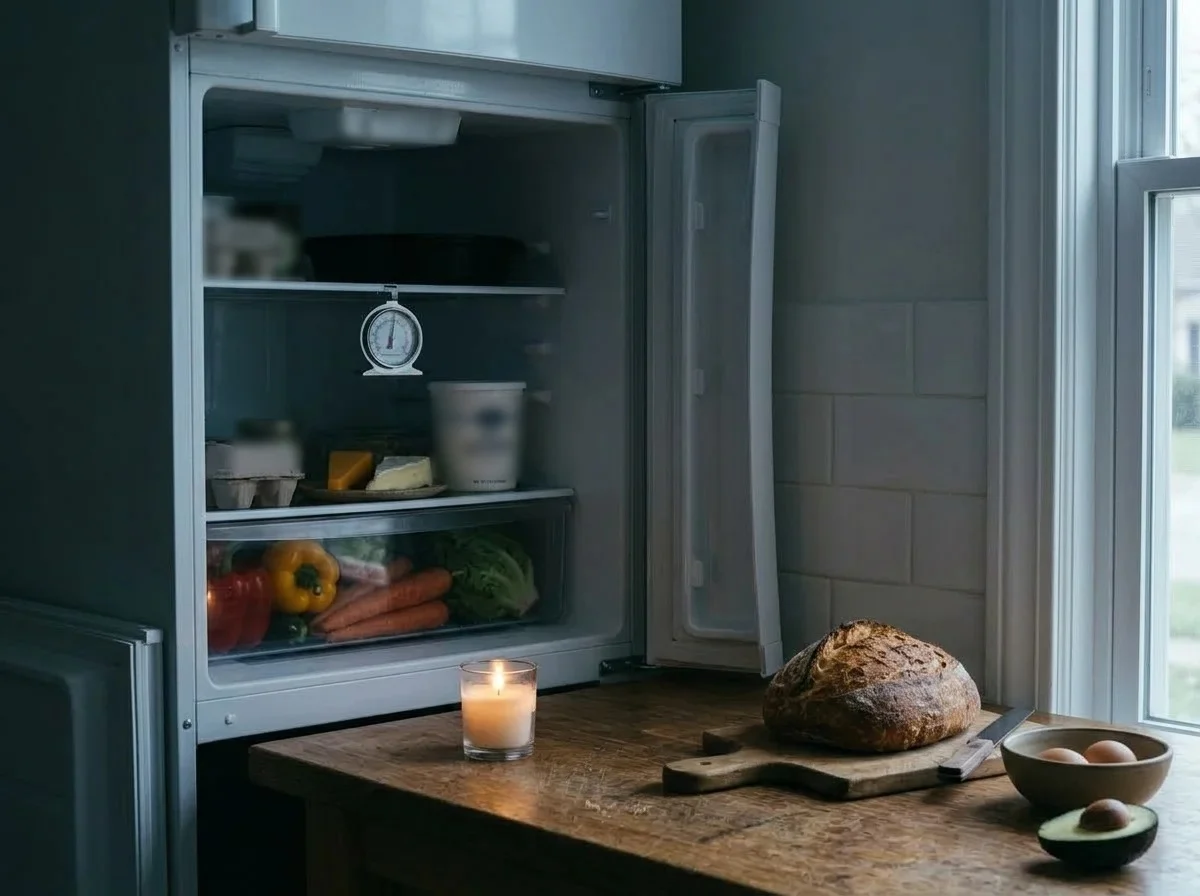 Food after a power outage: an open refrigerator with its light off, a fridge thermometer on the shelf and a candle on the counter.