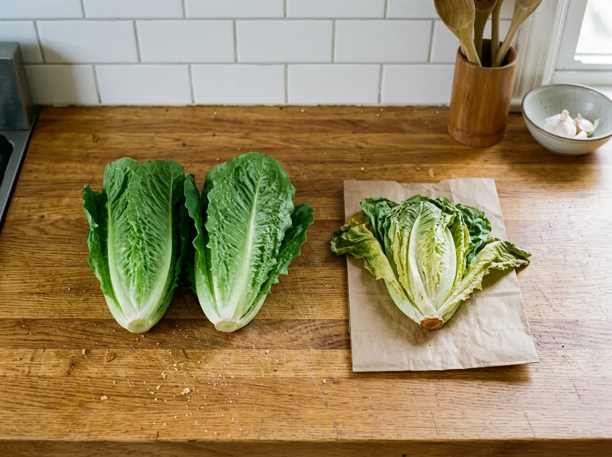 Two firm heads of lettuce beside one limp head with yellowing outer leaves.